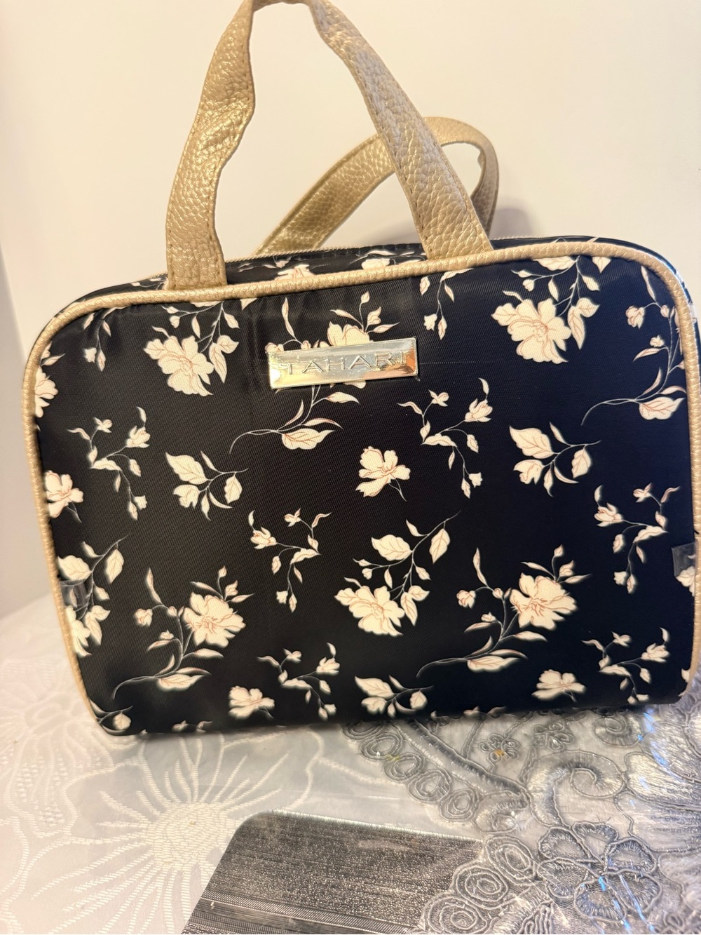 Tahari Black Floral Cosmetic Carry Case with Gold Accents